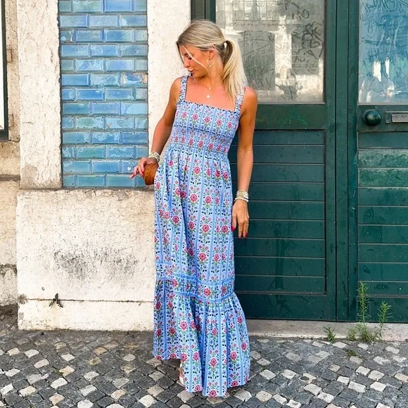 Hill House Anjuli Nap Smocked Cotton Midi Maxi Dress Blue Floral Block Stripe - Picture 4 of 10